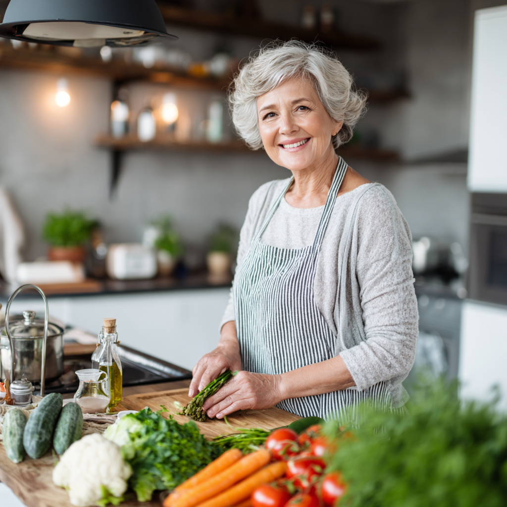 Smiling elderly European woman in kitchen preparing healthy nutritious meal with fresh vegetables and fruits