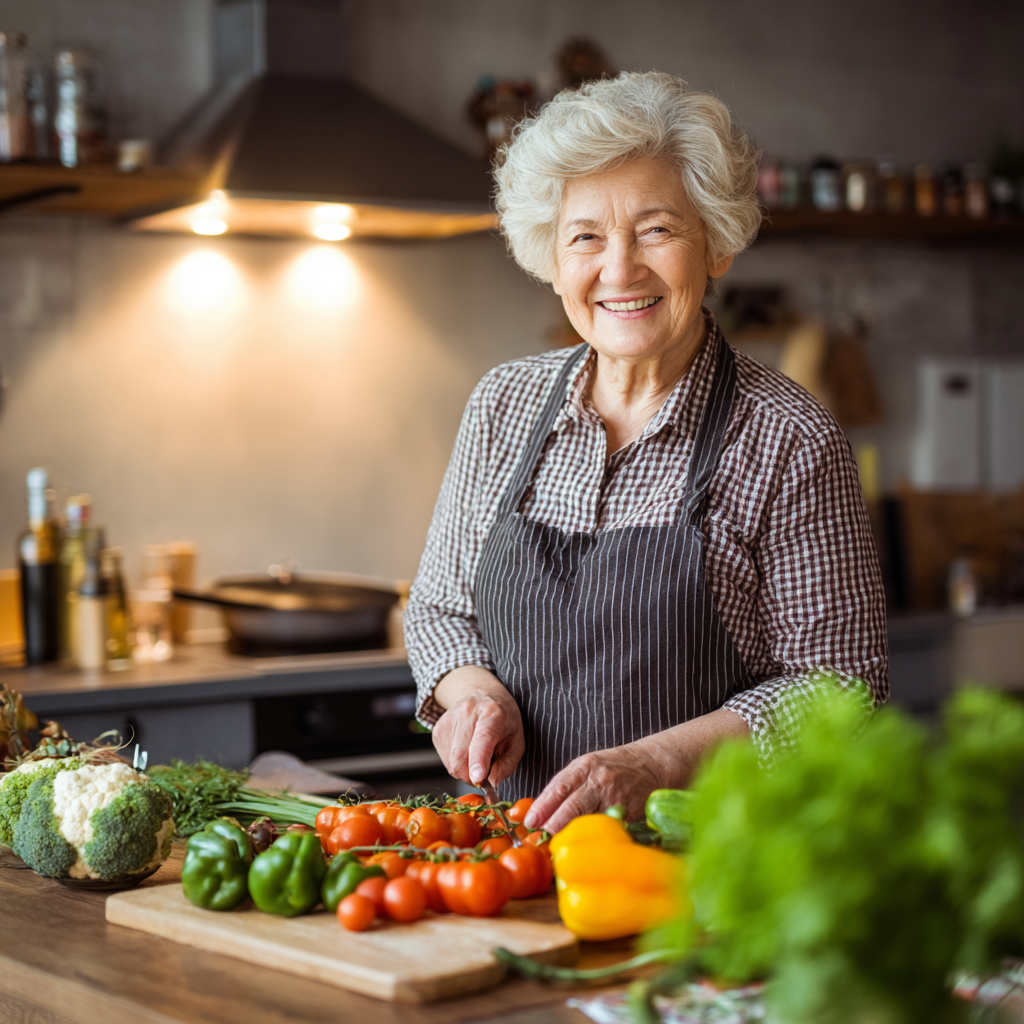 Smiling elderly European man reading nutrition information and planning healthy meals at home